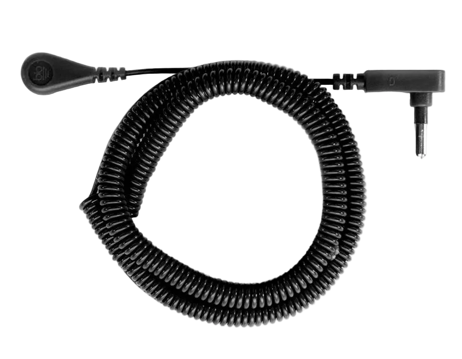Black coiled Earthing product cable with connectors.