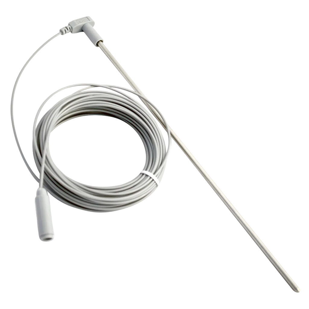 Long white and metal Earthing grounding rod with attached white cable.