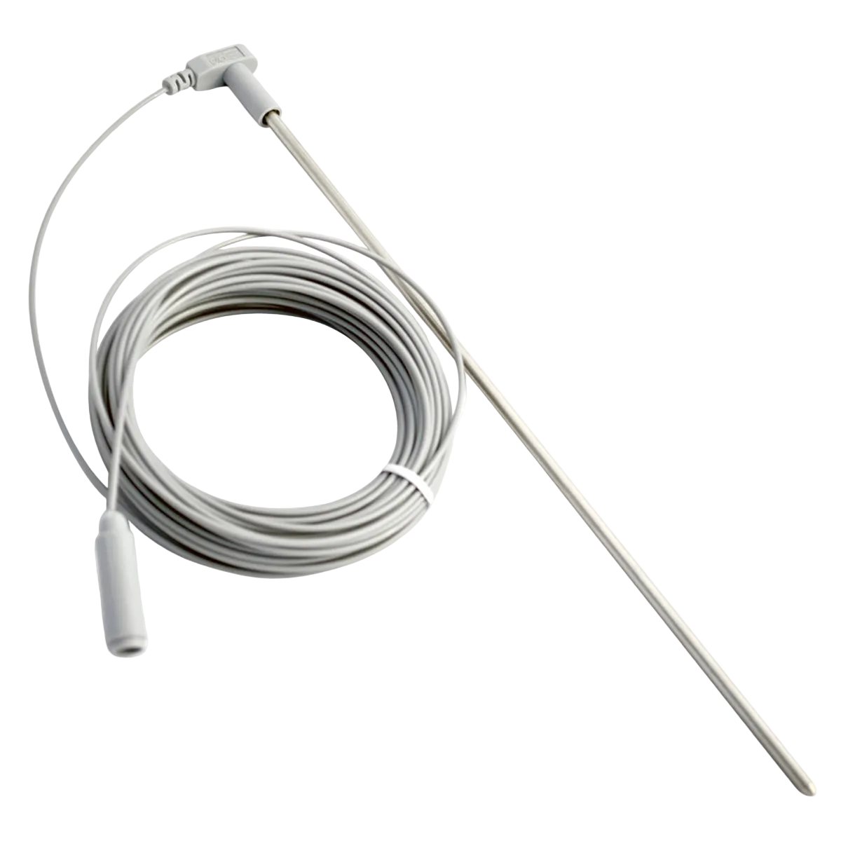 Long white and metal Earthing grounding rod with attached white cable.