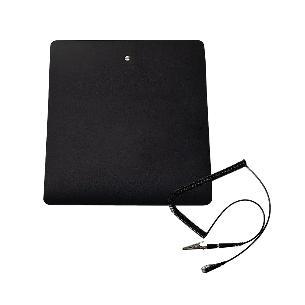 Black Earthing car seat mat with black coiled cable.