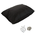 Black Earthing grounding pillow case placed over a cushion, with a white wall plug and cable.